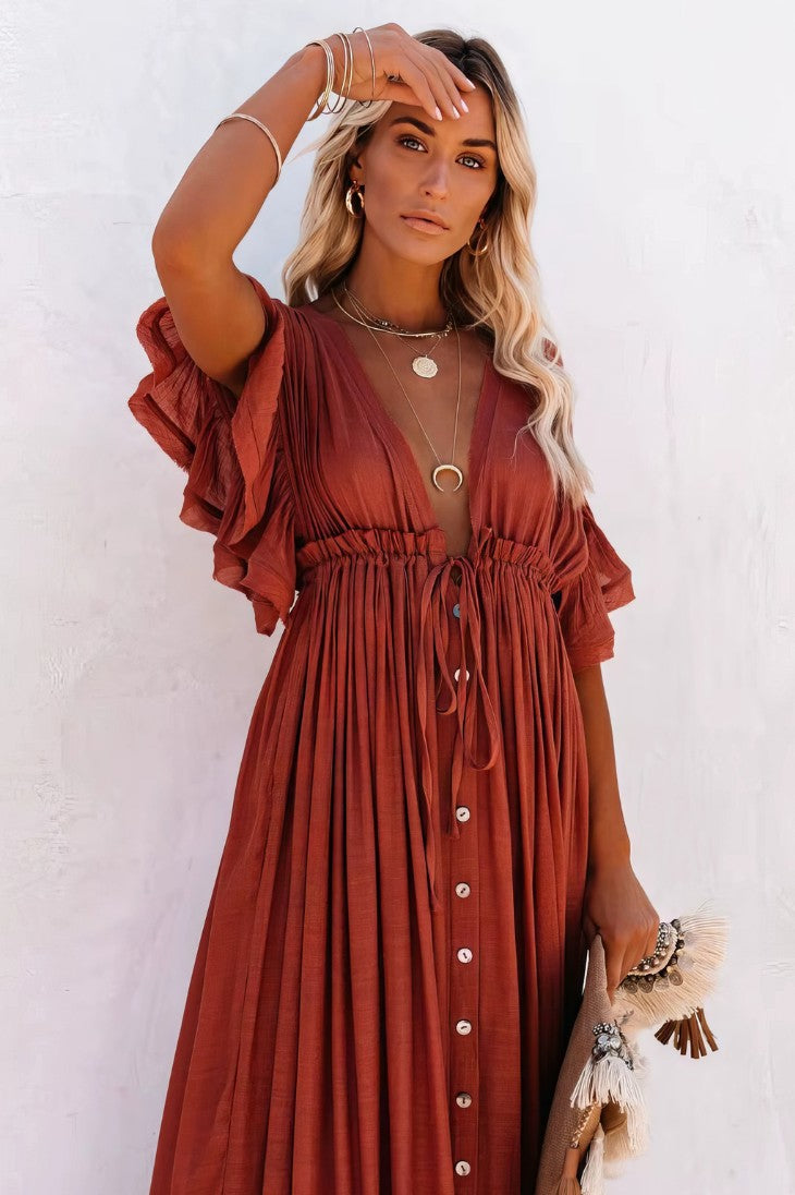 Vestido Boho Terracota Largo Escote V Manga Corta Fluido