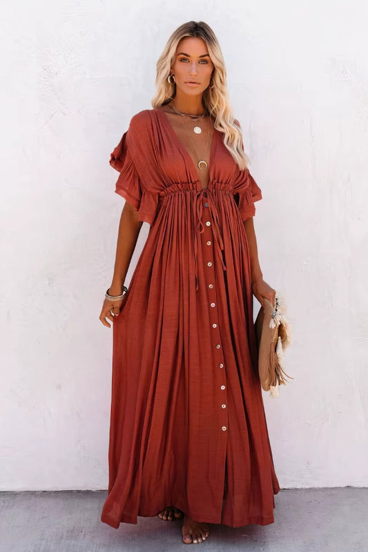 Vestido Boho Terracota Largo Escote V Manga Corta Fluido