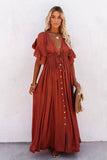 Vestido Boho Terracota Largo Escote V Manga Corta Fluido