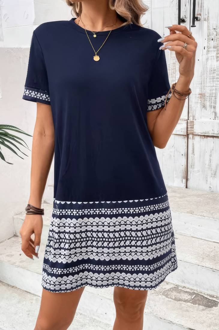 Vestido Corto Azul Marino Estampado Geométrico Manga Corta Cuello Redondo