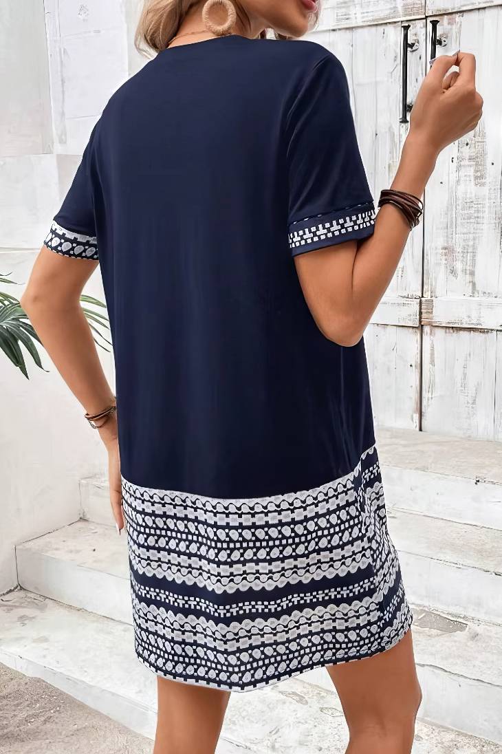 Vestido Corto Azul Marino Estampado Geométrico Manga Corta Cuello Redondo