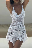 Vestido Corto Blanco De Crochet Cuello En V Tirantes Tejido Calado Verano Playa Boho