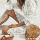 Vestido Corto Blanco De Encaje Escote En V Profundo Manga Larga Boho Playa Verano
