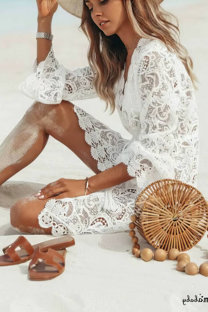 Vestido Corto Blanco De Encaje Escote En V Profundo Manga Larga Boho Playa Verano