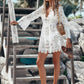 Vestido Corto Blanco De Encaje Escote En V Profundo Manga Larga Boho Playa Verano