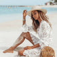 Vestido Corto Blanco De Encaje Escote En V Profundo Manga Larga Boho Playa Verano