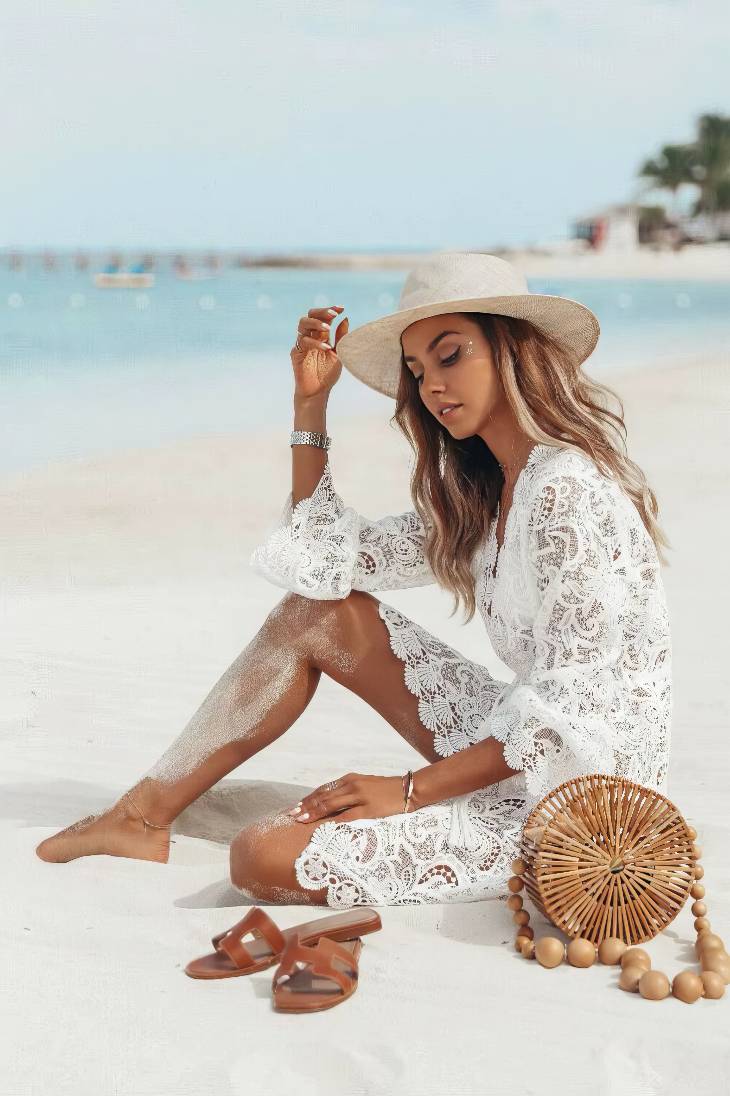 Vestido Corto Blanco De Encaje Escote En V Profundo Manga Larga Boho Playa Verano