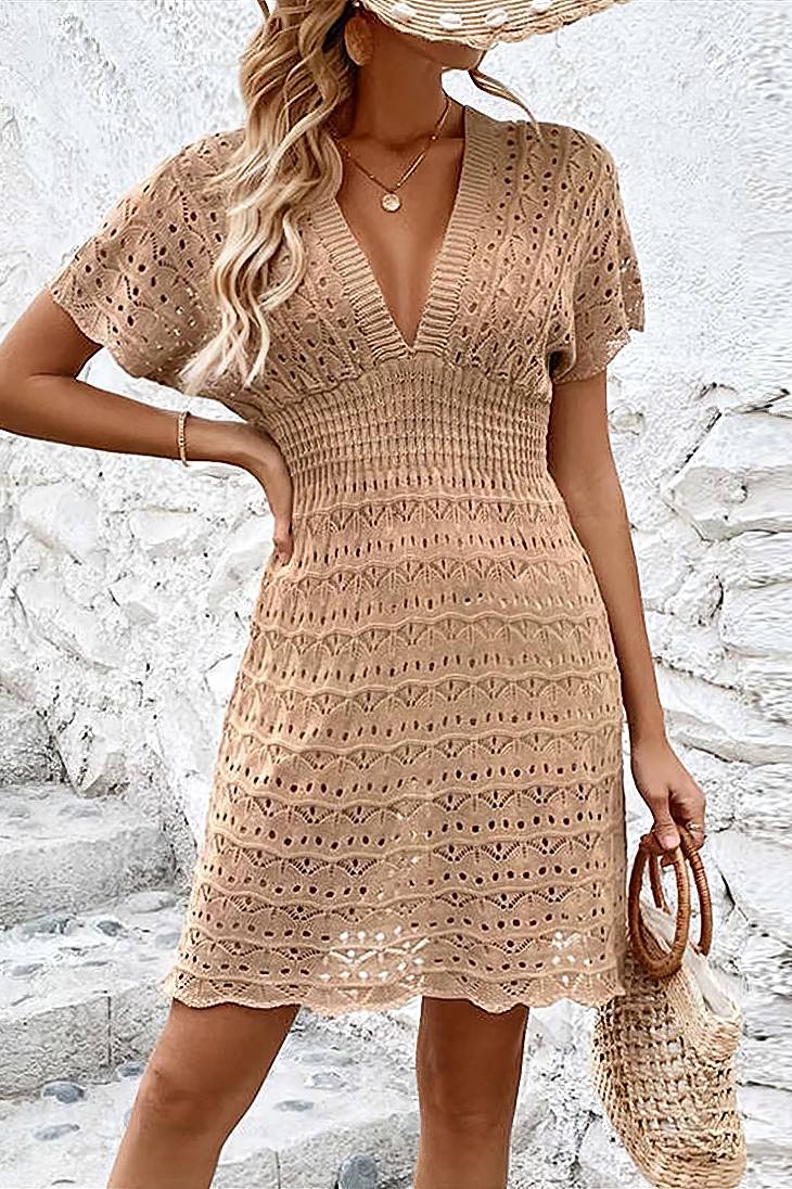 Vestido Corto De Crochet Cuello En V Manga Corta Estilo Playa