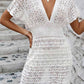 Vestido Corto De Crochet Cuello En V Manga Corta Estilo Playa