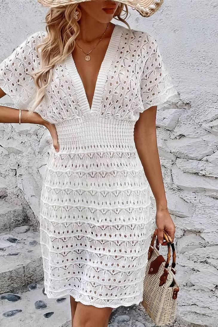 Vestido Corto De Crochet Cuello En V Manga Corta Estilo Playa