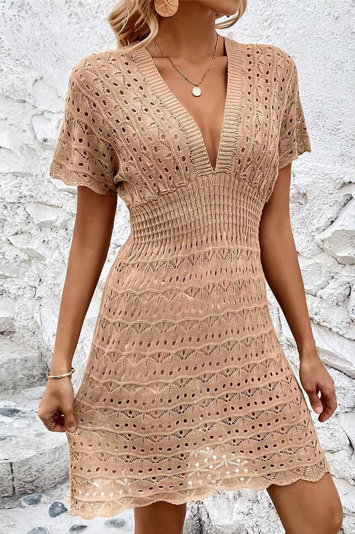 Vestido Corto De Crochet Cuello En V Manga Corta Estilo Playa