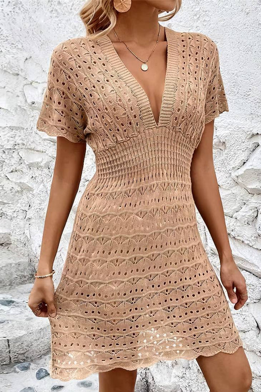 Vestido Corto De Crochet Cuello En V Manga Corta Estilo Playa