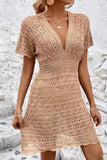 Vestido Corto De Crochet Cuello En V Manga Corta Estilo Playa