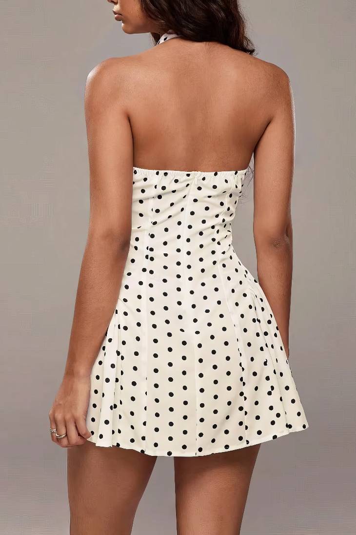 Vestido Corto De Lunares Beige Cuello Halter Escote En V Sin Mangas Verano