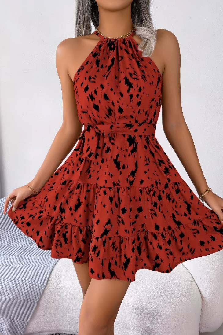 Vestido Corto Estampado Cuello Halter Sin Mangas Con Volantes
