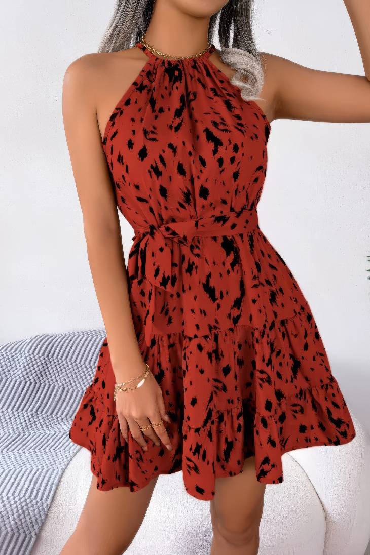 Vestido Corto Estampado Cuello Halter Sin Mangas Con Volantes