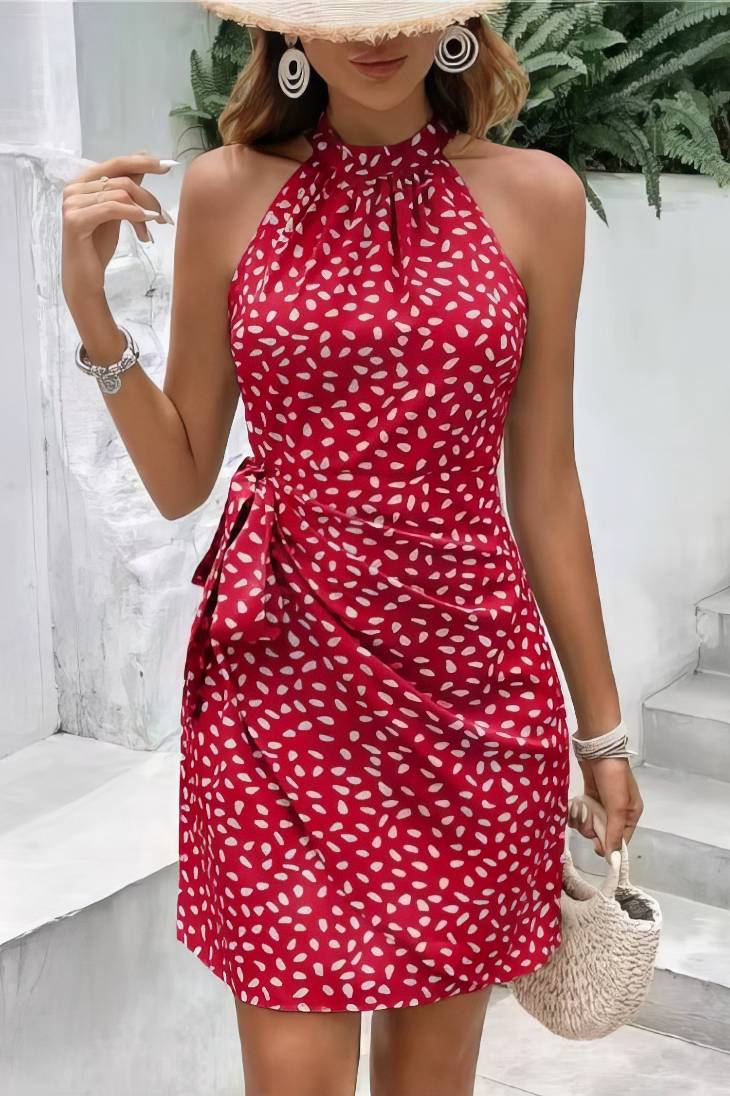 Vestido Corto Estampado Cuello Halter Sin Mangas Elegante