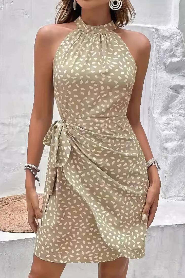 Vestido Corto Estampado Cuello Halter Sin Mangas Elegante