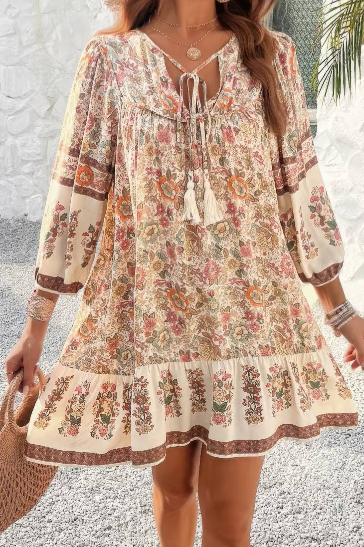 Vestido Corto Floral Boho Cuello En V Con Lazo Manga Larga Volantes Verano