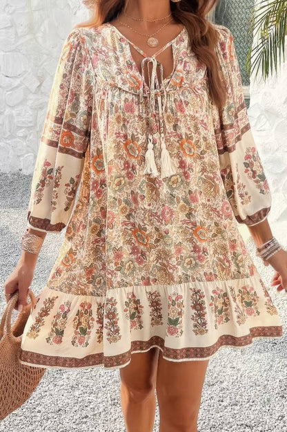 Vestido Corto Floral Boho Cuello En V Con Lazo Manga Larga Volantes Verano