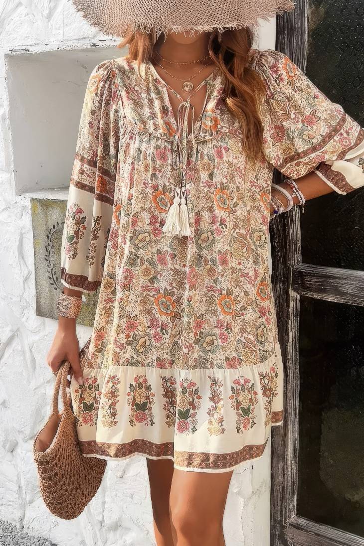 Vestido Corto Floral Boho Cuello En V Con Lazo Manga Larga Volantes Verano