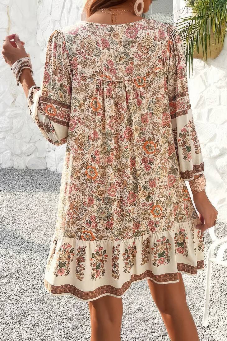 Vestido Corto Floral Boho Cuello En V Con Lazo Manga Larga Volantes Verano