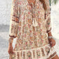 Vestido Corto Floral Boho Cuello En V Con Lazo Manga Larga Volantes Verano
