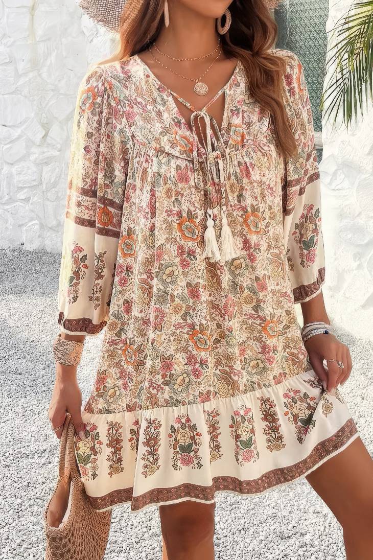 Vestido Corto Floral Boho Cuello En V Con Lazo Manga Larga Volantes Verano