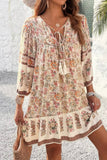 Vestido Corto Floral Boho Cuello En V Con Lazo Manga Larga Volantes Verano