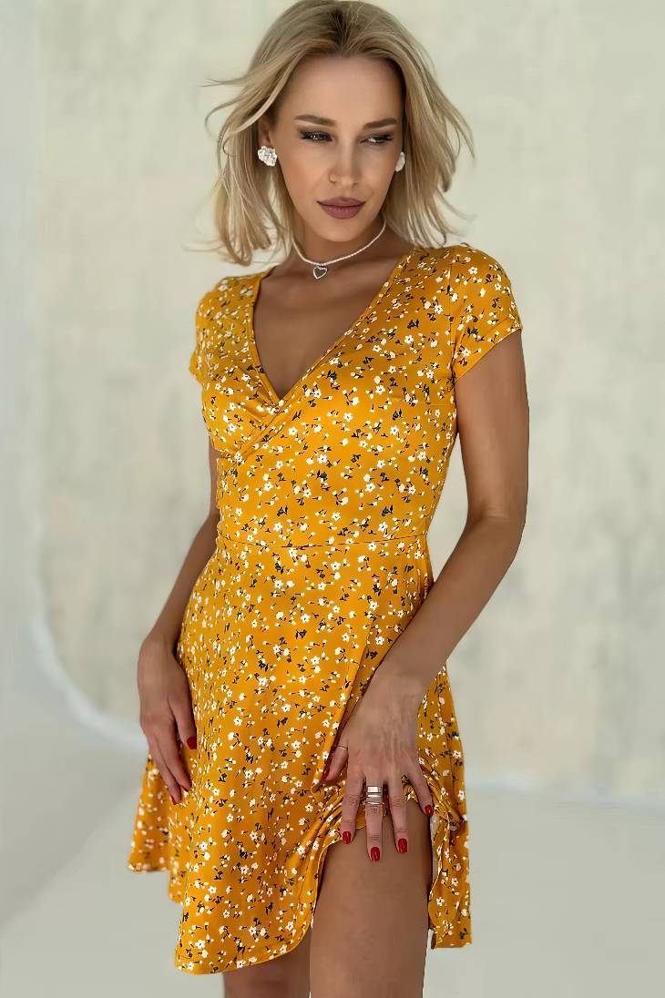 Vestido Corto Floral Cuello En V Manga Corta Cruzado Cintura Ajustada Verano