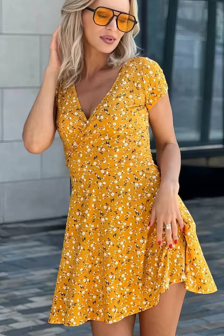 Vestido Corto Floral Cuello En V Manga Corta Cruzado Cintura Ajustada Verano