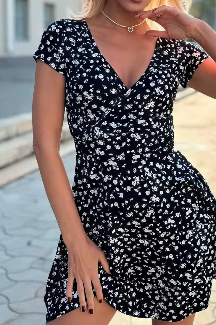Vestido Corto Floral Cuello En V Manga Corta Cruzado Cintura Ajustada Verano