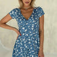 Vestido Corto Floral Cuello En V Manga Corta Cruzado Cintura Ajustada Verano