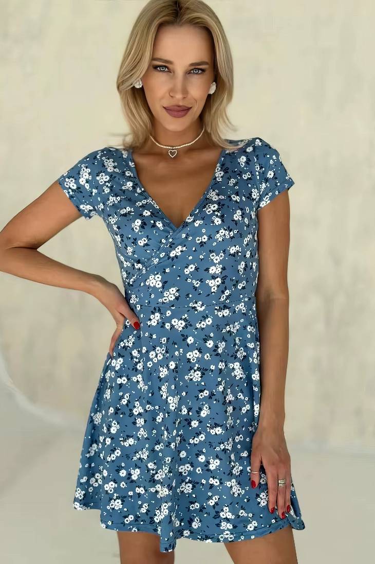 Vestido Corto Floral Cuello En V Manga Corta Cruzado Cintura Ajustada Verano