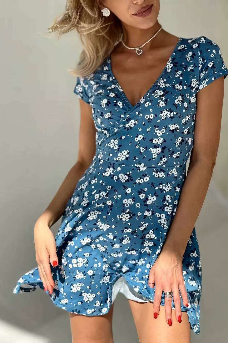 Vestido Corto Floral Cuello En V Manga Corta Cruzado Cintura Ajustada Verano