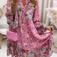 Vestido Corto Floral Cuello En V Manga Larga Volantes Corte Suelto Verano Boho