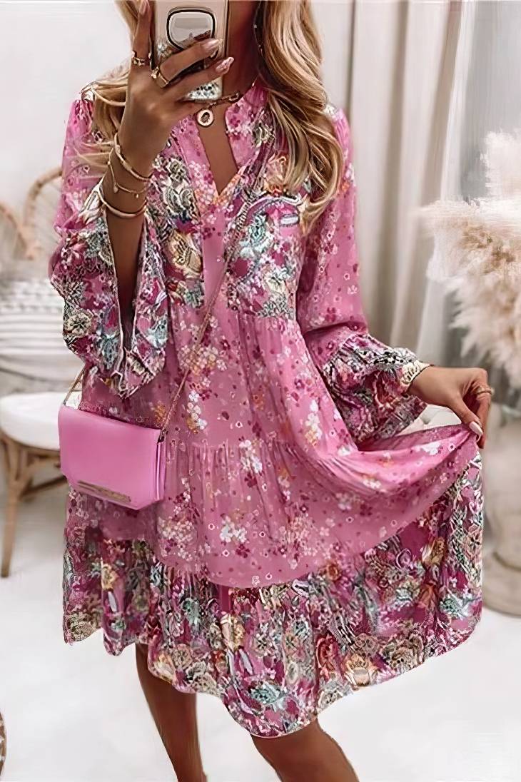 Vestido Corto Floral Cuello En V Manga Larga Volantes Corte Suelto Verano Boho