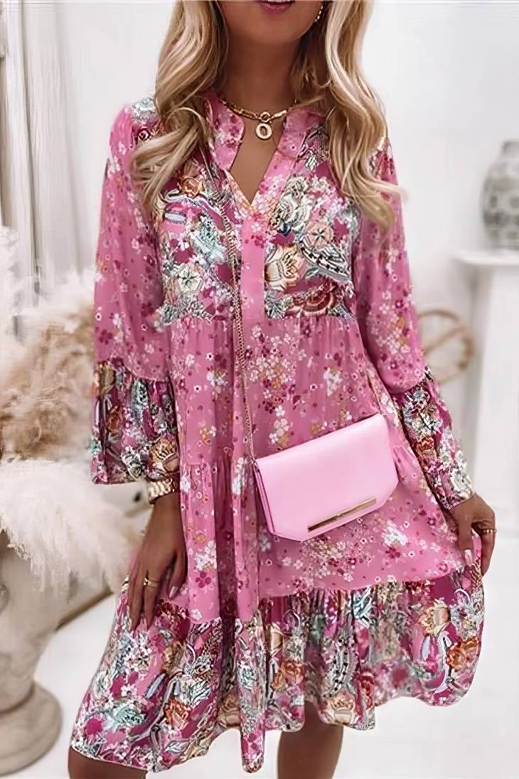 Vestido Corto Floral Cuello En V Manga Larga Volantes Corte Suelto Verano Boho