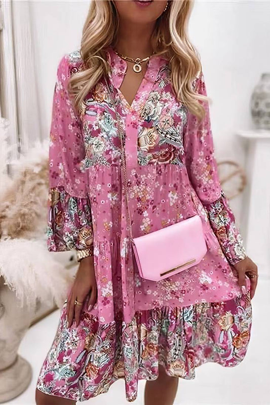 Vestido Corto Floral Cuello En V Manga Larga Volantes Corte Suelto Verano Boho