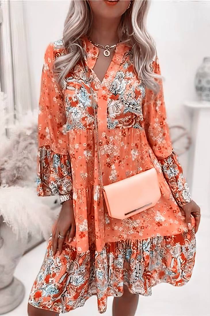 Vestido Corto Floral Cuello En V Manga Larga Volantes Corte Suelto Verano Boho