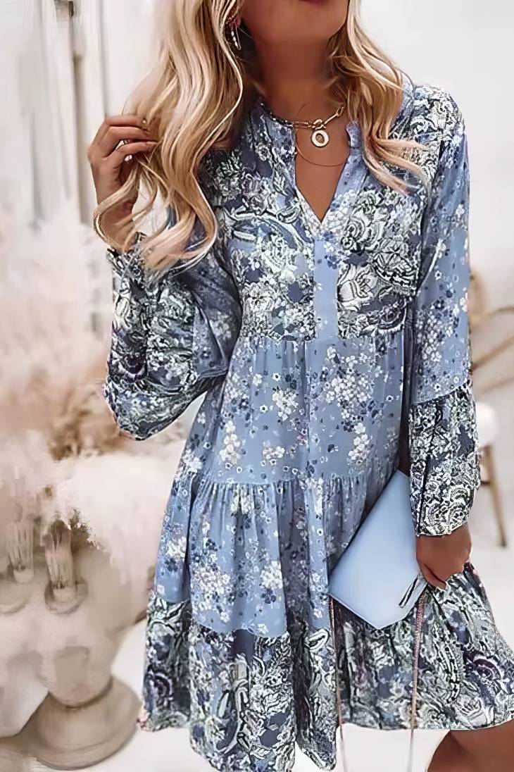 Vestido Corto Floral Cuello En V Manga Larga Volantes Corte Suelto Verano Boho