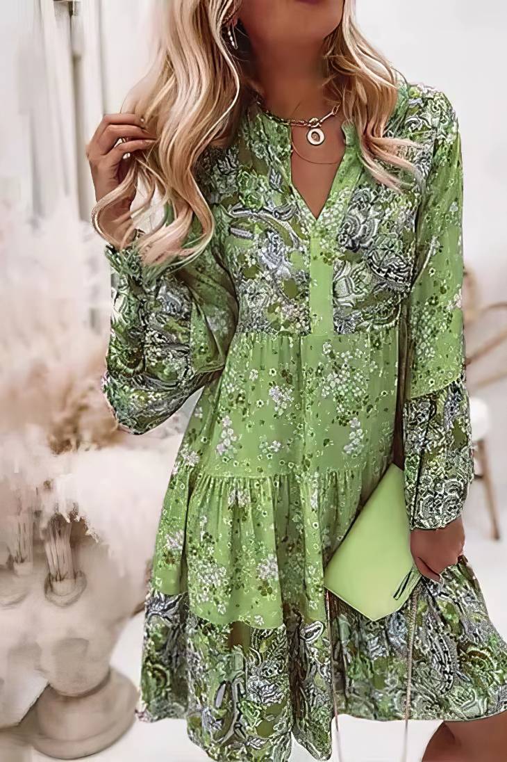 Vestido Corto Floral Cuello En V Manga Larga Volantes Corte Suelto Verano Boho