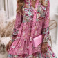 Vestido Corto Floral Cuello En V Manga Larga Volantes Corte Suelto Verano Boho