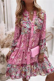 Vestido Corto Floral Cuello En V Manga Larga Volantes Corte Suelto Verano Boho