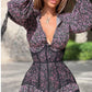 Vestido Corto Floral Cuello En V Profundo Manga Larga Con Volantes Elegante