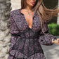 Vestido Corto Floral Cuello En V Profundo Manga Larga Con Volantes Elegante