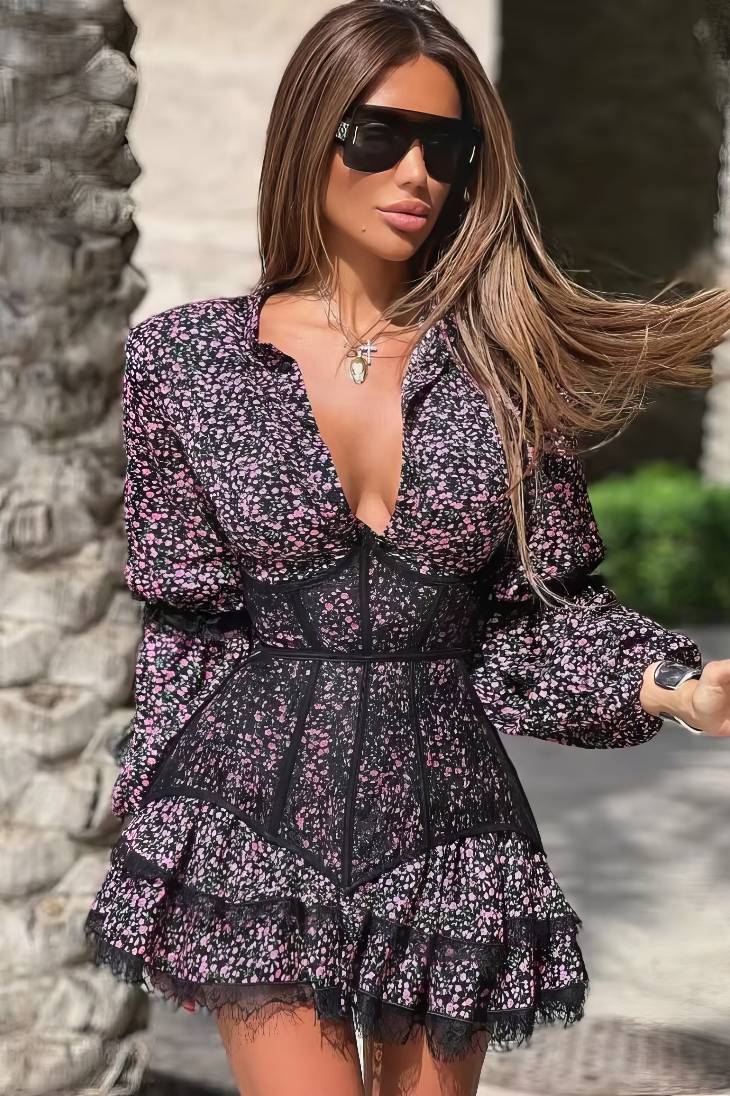 Vestido Corto Floral Cuello En V Profundo Manga Larga Con Volantes Elegante