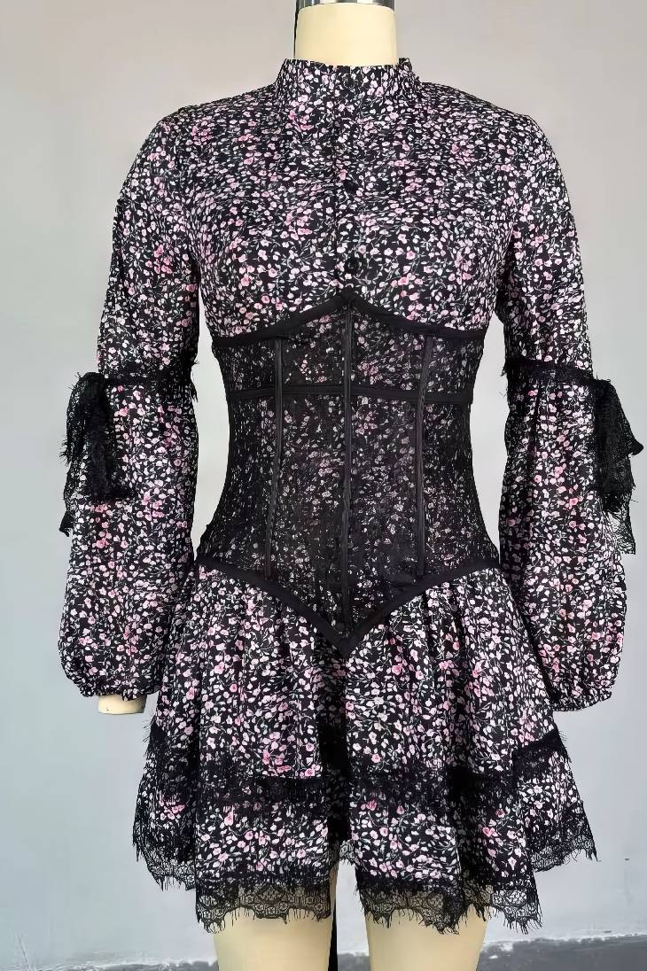 Vestido Corto Floral Cuello En V Profundo Manga Larga Con Volantes Elegante