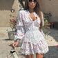 Vestido Corto Floral Cuello En V Profundo Manga Larga Con Volantes Elegante