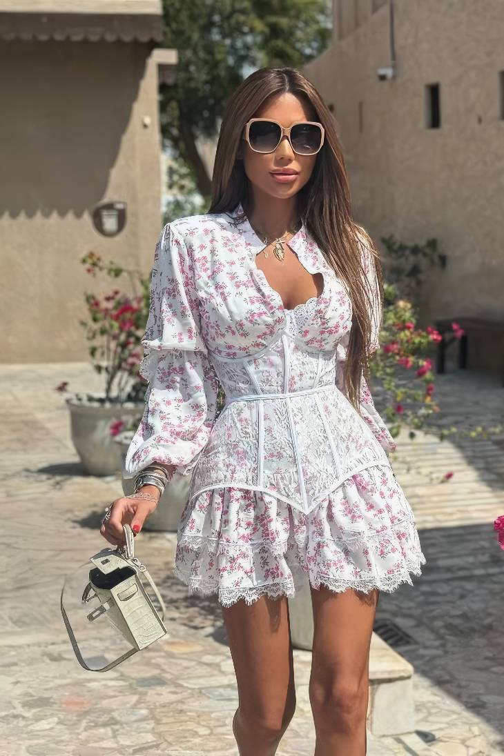 Vestido Corto Floral Cuello En V Profundo Manga Larga Con Volantes Elegante
